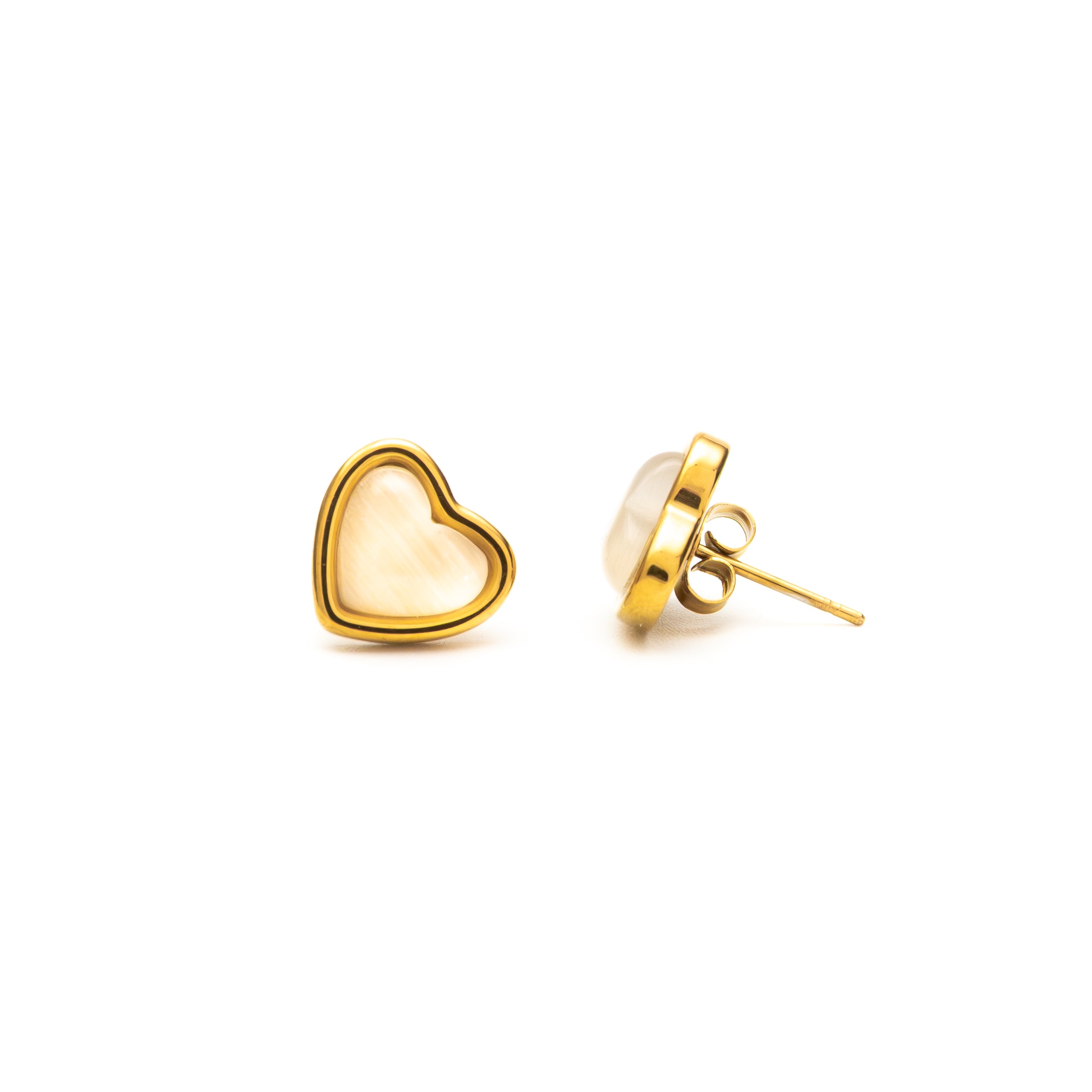 Gold heart-shaped earrings on a white background
